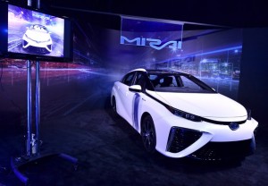 IMAGE DISTRIBUTED FOR TOYOTA - The Toyota Mirai fuel cell vehicle at its launch event at Quixote Studios on Tuesday, Oct. 20, 2015, in West Hollywood, Calif. (Photo by Jordan Strauss/Invision for Toyota/AP Images)