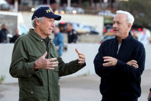 NEW YORK, NY - OCTOBER 07: Clint Eastwood and Tom Hanks on set of Clint Eastwood's "Sully" the story of Captain Chelsea "Sully" Sullenberger on October 7, 2015 in New York City. (Photo by Steve Sands/GC Images)