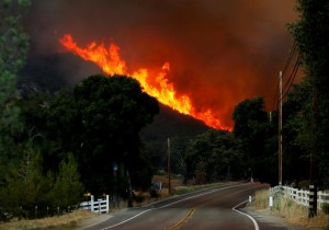 Firefighters battle a wildfire in temperatures well over 100F as it burns near Potrero, California,