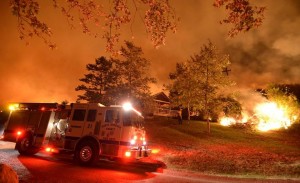 Handout photo of fire crews on scene for structure protection during the Sherpa Fire at El Capitan Ranch Campground in Santa Barbara