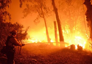 Handout photo of a firefighter battling the Sherpa Fire in Santa Barbara, California