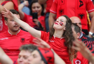 Albania supporters gesture on the stands prior to the Euro 2016 Group A soccer match between France and Albania at the Velodrome stadium in Marseille, France, Wednesday, June 15, 2016. (AP Photo/Thibault Camus)