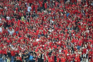 epa05368075 Albanian fans during the UEFA EURO 2016 group A preliminary round match between France and Albania at Stade Velodrome in Marseille, France, 15 June 2016. (RESTRICTIONS APPLY: For editorial news reporting purposes only. Not used for commercial or marketing purposes without prior written approval of UEFA. Images must appear as still images and must not emulate match action video footage. Photographs published in online publications (whether via the Internet or otherwise) shall have an interval of at least 20 seconds between the posting.) EPA/ALI HAIDER EDITORIAL USE ONLY EDITORIAL USE ONLY