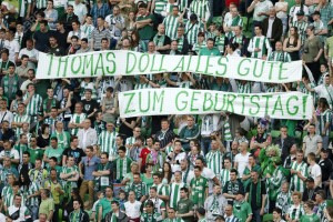 BUDAPEST, HUNGARY - APRIL 12, 2015: The fans of Ferencvaros wish happy birthday to the head coach, Thomas Doll during Ferencvaros vs. Ujpest OTP Bank League football match in Groupama Arena.