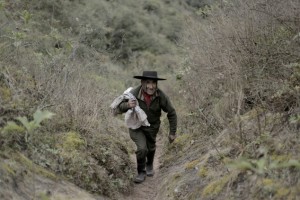 In this July 28, 2016 photo, Pedro Luca walks down the mountain to San Pedro de Colalao, in Argentina's northern province of Tucuman. Luca has lived in a cave in northern Argentina for 40 years. When he gets hungry he picks up his rifle and goes hunting or he goes on a three-hour trek down the mountain to the nearest settlement of San Pedro de Colalao. (AP Photo/Alvaro Medina)