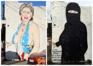 A combo picture shows a mural painted by street artist Lushsux, bearing the image of U.S. Democratic Party nominee for President Hillary Clinton wearing a stars-and-stripes themed swimsuit stuffed with cash (L) pictured on July 31, 2016 and on August 1, 2016 covered up in Islamic dress, features on the wall of a business in the Melbourne suburb of Footscray in Australia. REUTERS/Jarni Blakkarly (L) and Lushsux/Handout via REUTERS