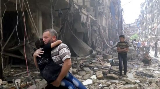 In this image made from video and posted online from Validated UGC, a man carries a child after airstrikes hit Aleppo, Syria, Thursday, April 28, 2016. A Syrian monitoring group and a first-responders team say new airstrikes on the rebel-held part of the contested city of Aleppo have killed over a dozen people and brought down at least one residential building. The new violence on Thursday brings the death toll in the past 24-hours in the deeply divided city to at least 61 killed. (Validated UGC via AP video)