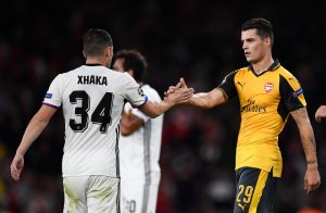 Britain Soccer Football - Arsenal v FC Basel - UEFA Champions League Group Stage - Group A - Emirates Stadium, London, England - 28/9/16 FC Basel's Taulant Xhaka with his Brother Granit Xhaka of Arsenal after the match Reuters / Dylan Martinez Livepic EDITORIAL USE ONLY.