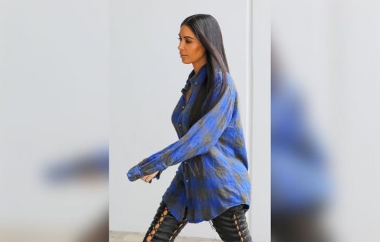 AG_164676 - - Thousand Oaks, CA - The Queen of Social Media Kim Kardashian dons a simple blue plaid flannel oversized shirt and black leather gladiator style trousers as she arrives at a studio in the L.A. area. AKM-GSI 24 JANUARY 2017 To License These Photos, Please Contact : Maria Buda (917) 242-1505 mbuda@akmgsi.com or Mark Satter (317) 691-9592 msatter@akmgsi.com sales@akmgsi.com