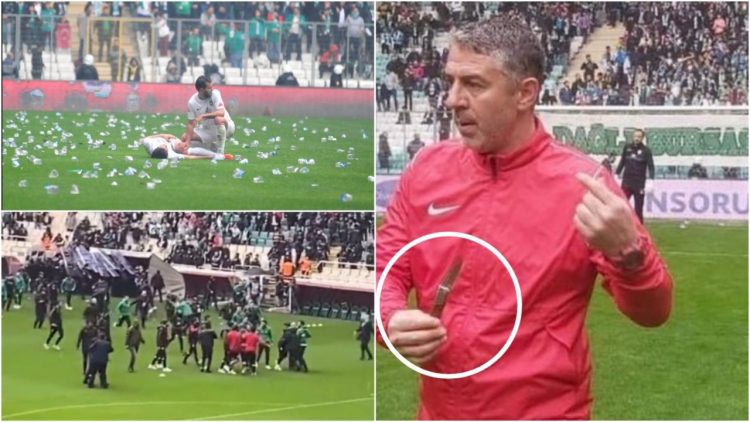 Në fushë hidhen thika/ Kaos në ndeshjen e futbollit turk, sherr mes lojtarëve e tifozëve