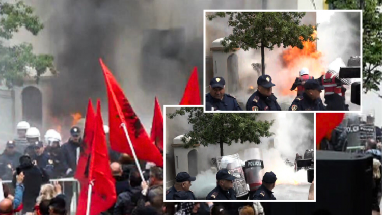 Tedi Blushi puth flamurin, molotovë dhe përplasje me policinë, mbyllet protesta para Bashkisë së Tiranës
