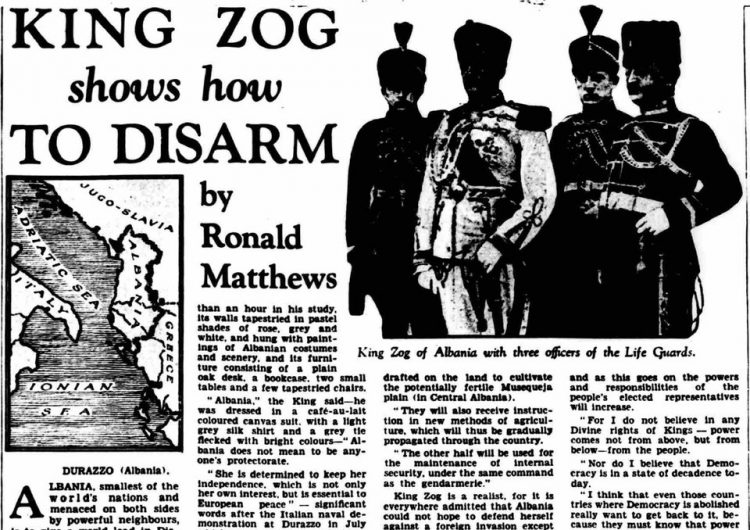 Daily Herald (1934) /“Ju shpjegoj arsyen e çarmatimit të Shqipërisë…”-Intervista ekskluzive me Mbretin Zog në Durrës