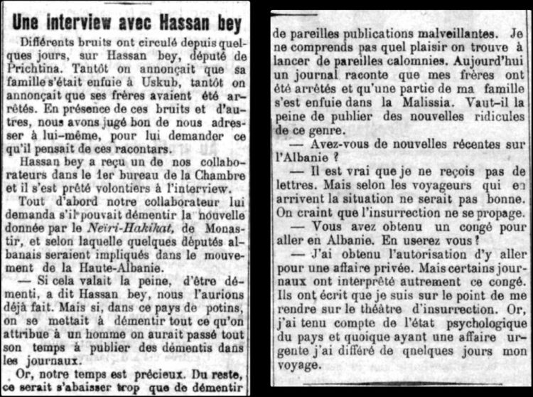 1910/ Një intervistë me Hasan Bej Prishtinën, mbi qarkullimin e thashethemeve për të në shtypin turk