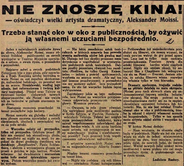 1928/ “E urrej kinemanë!”, intervista ekskluzive me Aleksandër Moisiun në Lodz, Poloni