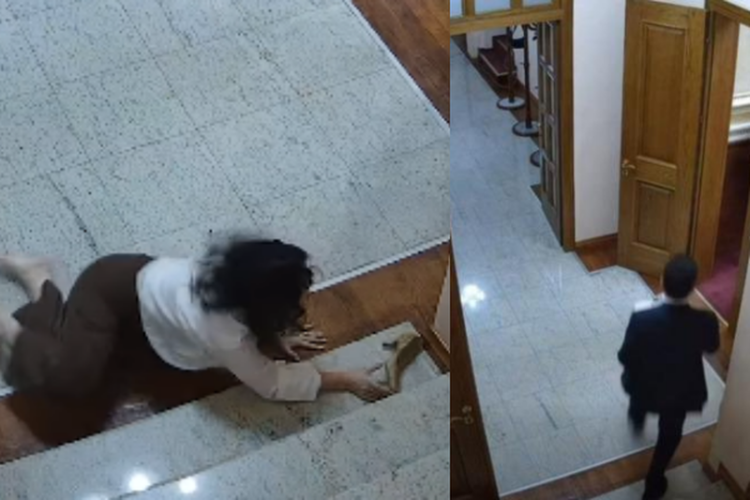 Momenti kur punonjësja e Kuvendit rrëzohet nga shkallët duke ndjekur Shehajn